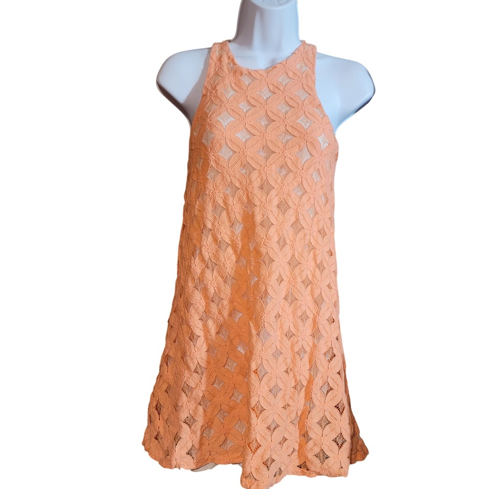 VTG Charlotte Russe Peach Floral Lace Overlay Shift Dress Small Sleeveless USA‎